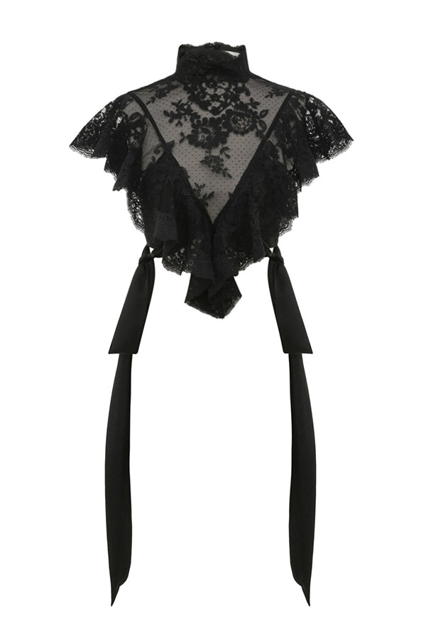 Salenia Lace Appliqué High Neck Side Tie-up Ruffle Cropped Top