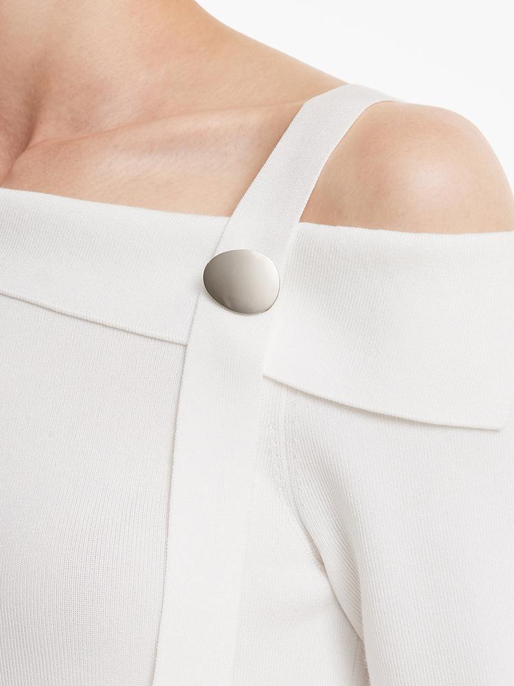 White Acetate One Shoulder Women Knit Top