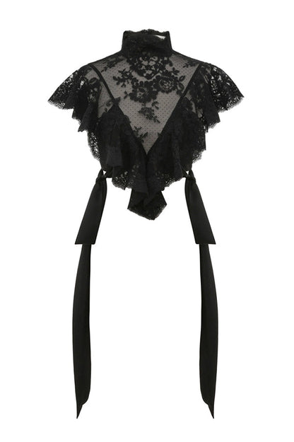 Salenia Lace Appliqué High Neck Side Tie-up Ruffle Cropped Top