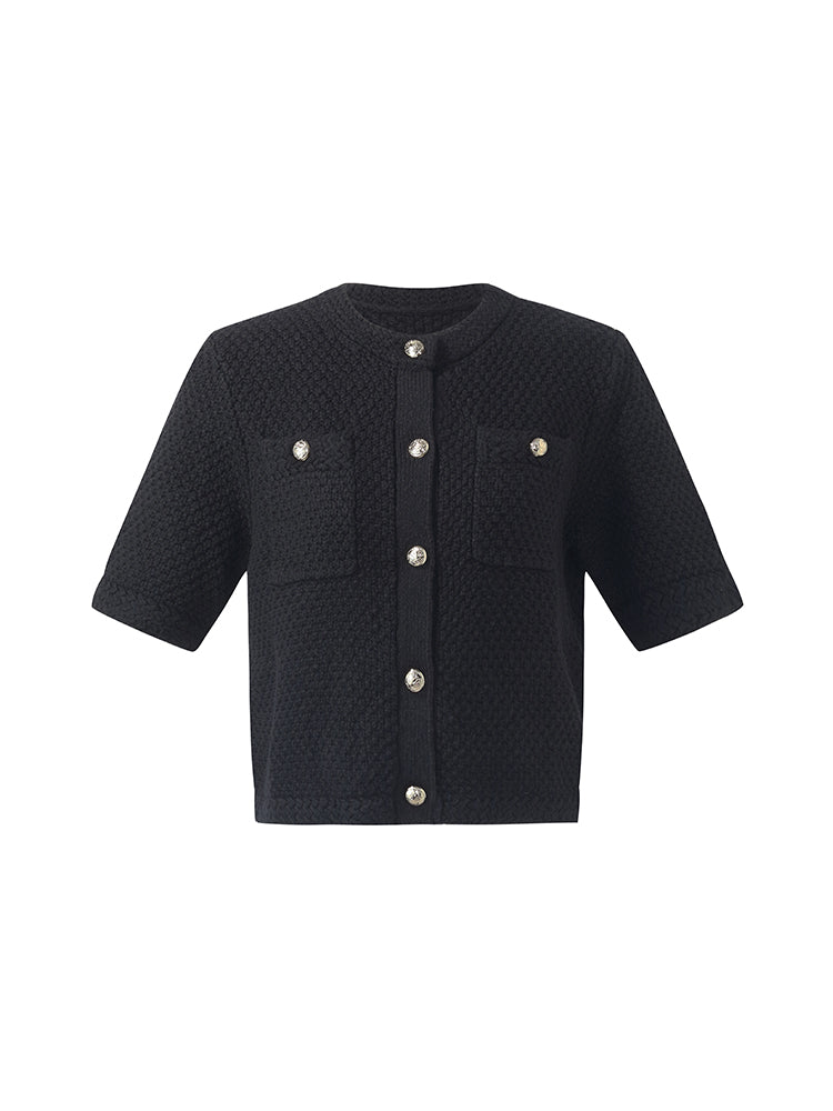 Openwork Round Neck Knitted Women Cardigan