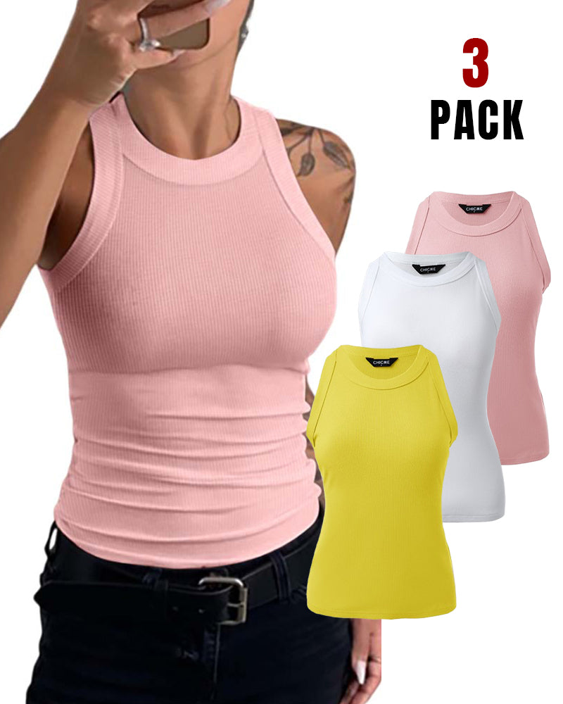 3 Pack Knit Round Neck Thick Strap Racerback Tank Tops(Without Pads)