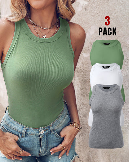 3 Pack Knit Round Neck Thick Strap Racerback Tank Tops(Without Pads)