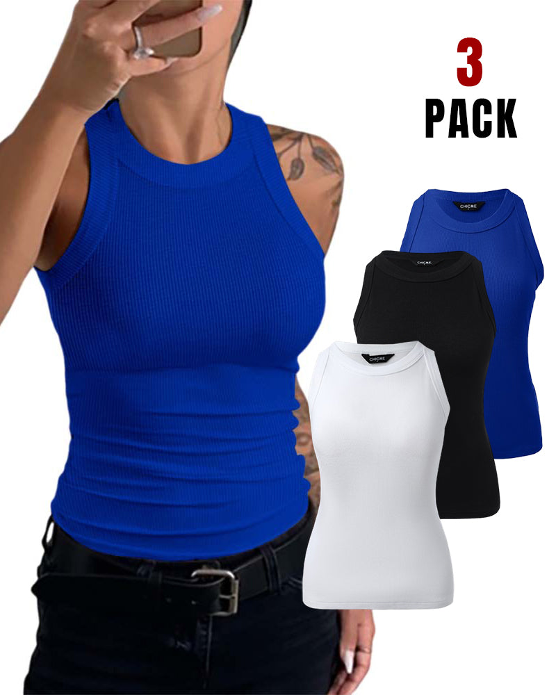 3 Pack Knit Round Neck Thick Strap Racerback Tank Tops(Without Pads)