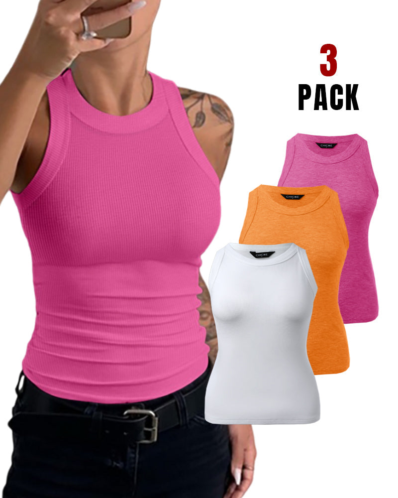 3 Pack Knit Round Neck Thick Strap Racerback Tank Tops(Without Pads)
