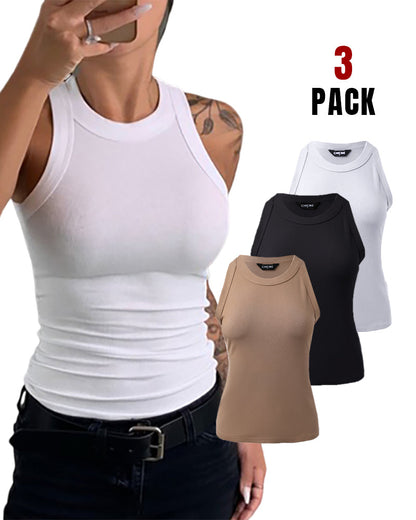3 Pack Knit Round Neck Thick Strap Racerback Tank Tops(Without Pads)