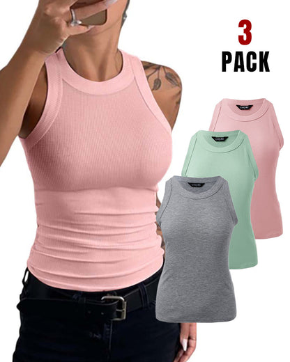3 Pack Knit Round Neck Thick Strap Racerback Tank Tops(Without Pads)