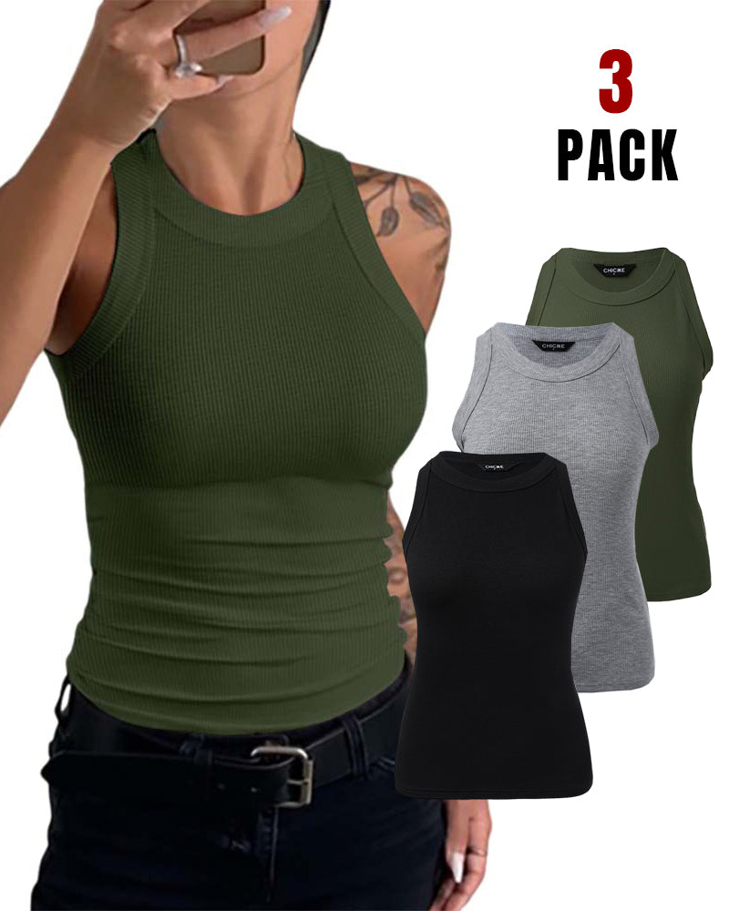 3 Pack Knit Round Neck Thick Strap Racerback Tank Tops(Without Pads)