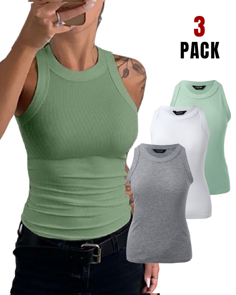 3 Pack Knit Round Neck Thick Strap Racerback Tank Tops(Without Pads)