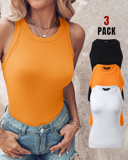 3 Pack Knit Round Neck Thick Strap Racerback Tank Tops(Without Pads)