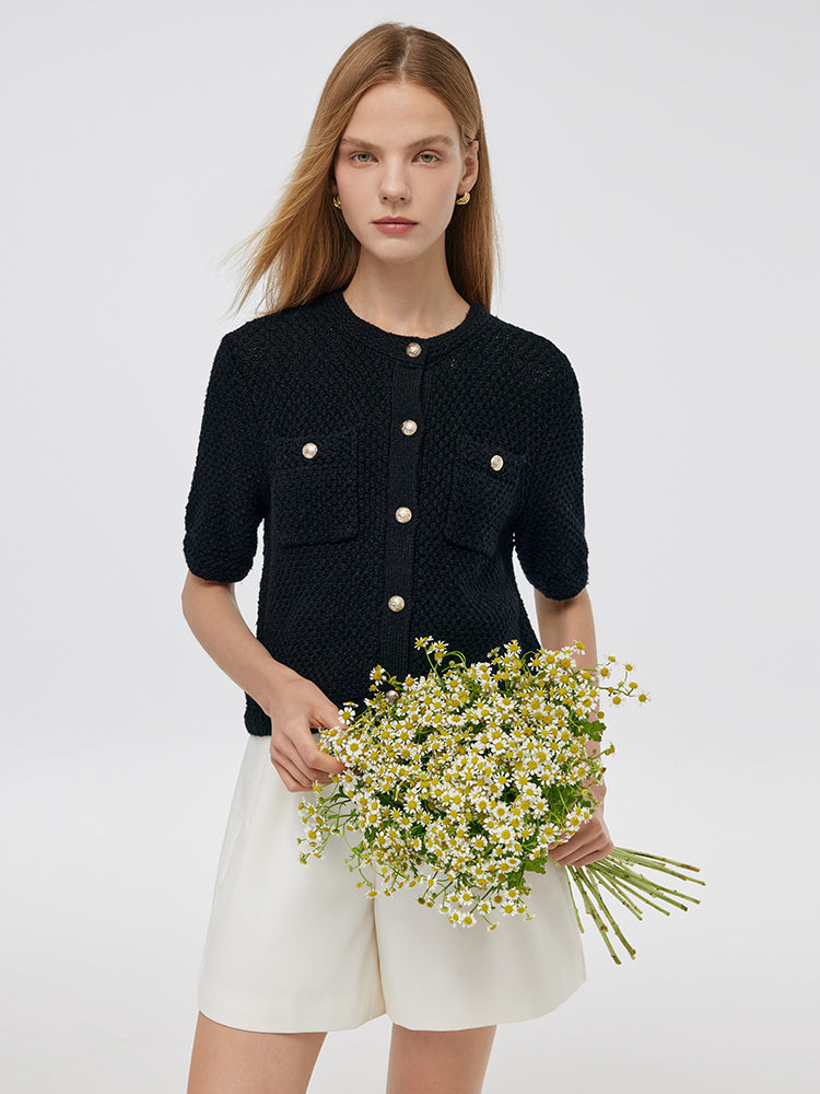 Openwork Round Neck Knitted Women Cardigan