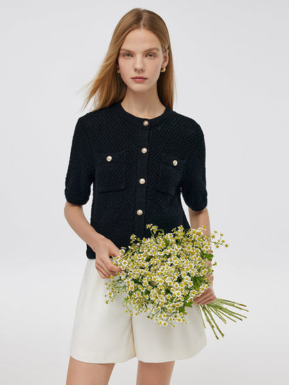 Openwork Round Neck Knitted Women Cardigan