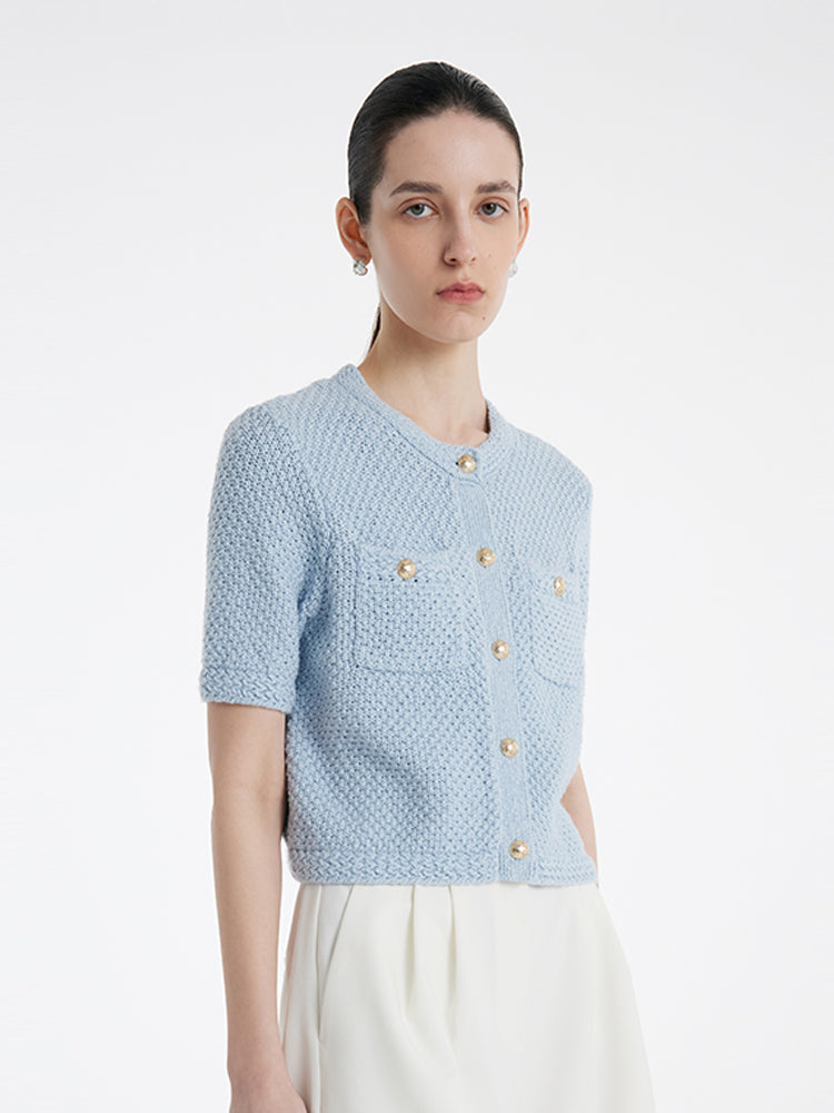 Openwork Round Neck Knitted Women Cardigan