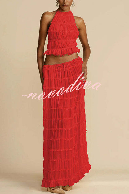 Versatility and Vintage Charm Pleated Drawstring Waist Tiered Maxi Skirt