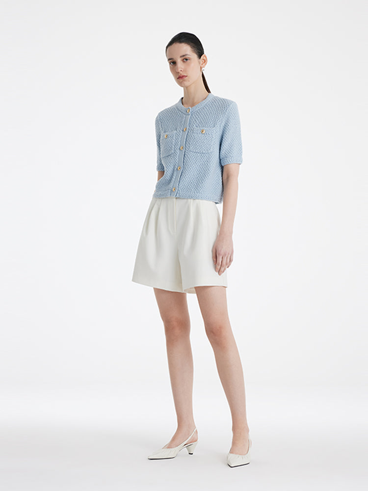 Openwork Round Neck Knitted Women Cardigan