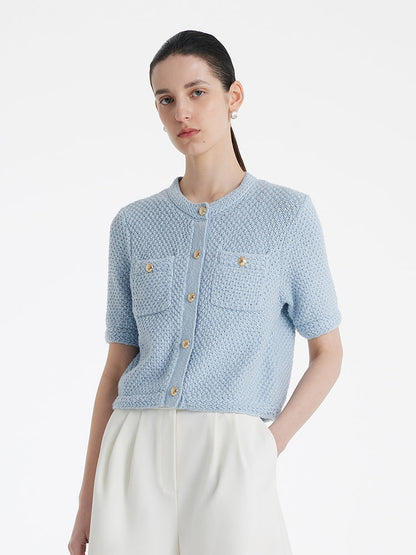 Openwork Round Neck Knitted Women Cardigan