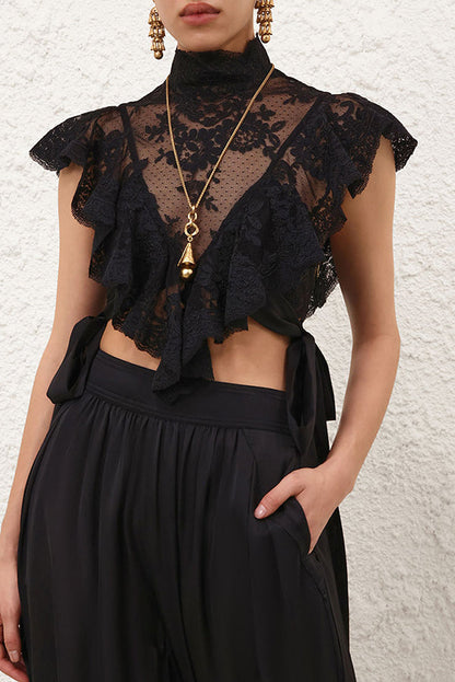 Salenia Lace Appliqué High Neck Side Tie-up Ruffle Cropped Top
