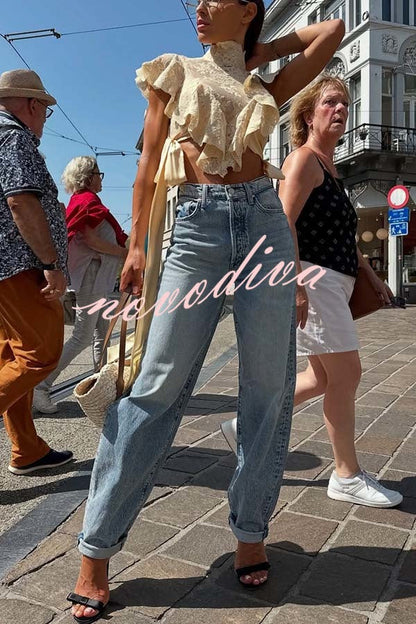 Salenia Lace Appliqué High Neck Side Tie-up Ruffle Cropped Top