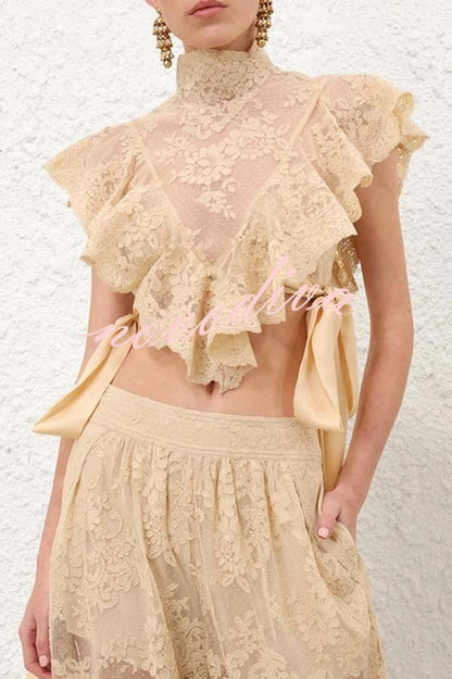 Salenia Lace Appliqué High Neck Side Tie-up Ruffle Cropped Top