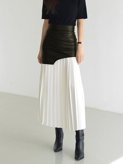 Asymmetric Patchwork Faux Leather Chiffon Pleated Maxi Skirt