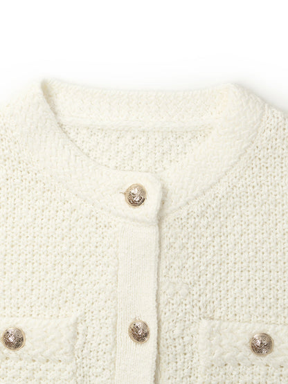 Openwork Round Neck Knitted Women Cardigan
