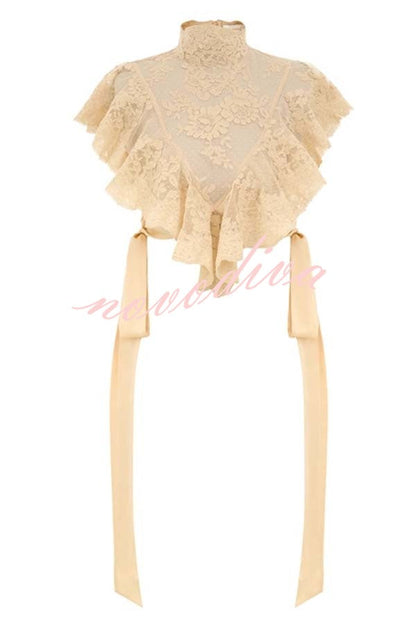 Salenia Lace Appliqué High Neck Side Tie-up Ruffle Cropped Top