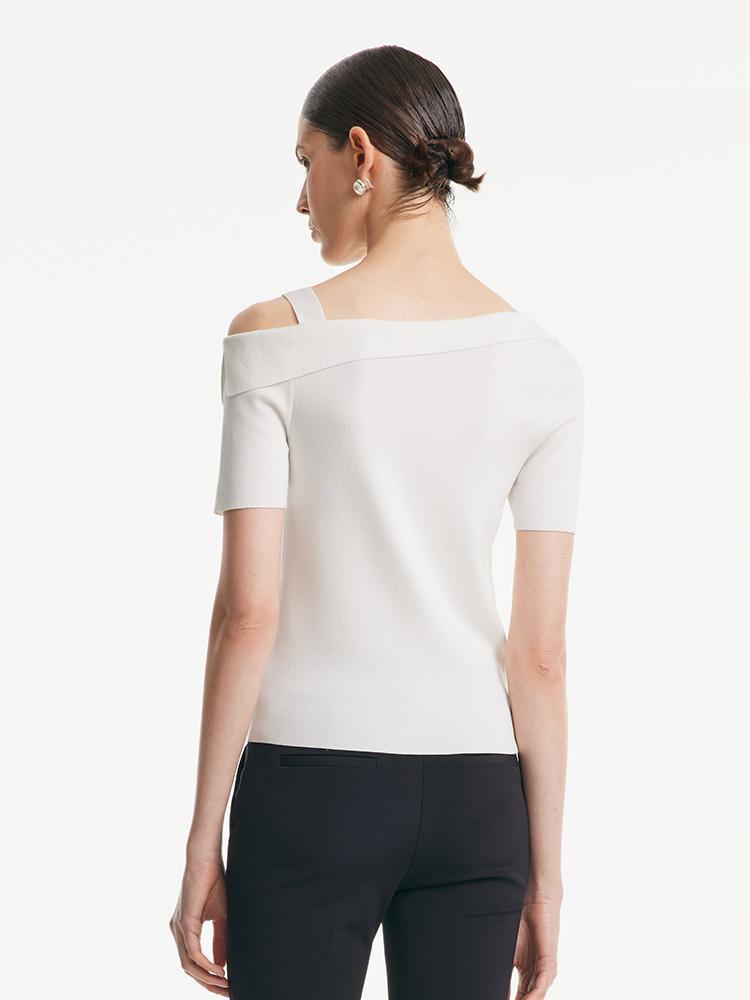 White Acetate One Shoulder Women Knit Top