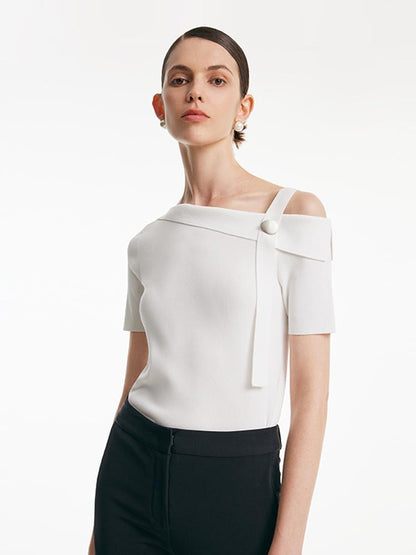 White Acetate One Shoulder Women Knit Top