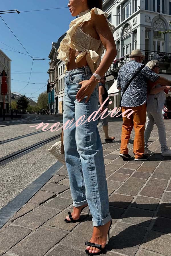 Salenia Lace Appliqué High Neck Side Tie-up Ruffle Cropped Top